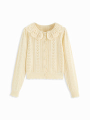Crochet Peter Pan Collar Heart Hollow Out Button Long Sleeve Cardigan