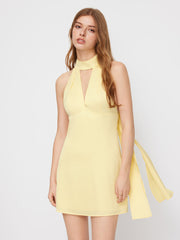 Satin Stand Collar Backless Knotted Mini Dress