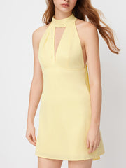 Satin Stand Collar Backless Knotted Mini Dress