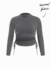 Thermal Cotton-blend Stand Collar Drawstring Ruched Tee Curve & Plus