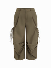 High Rise Elastic Waist Pocket Wide Leg Cargo Pants Curve & Plus