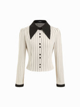 Collar Striped Contrasting Binding Long Sleeve Blouse
