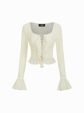 Textured Square Neck Ruffle Lace Up Beaded Long Sleeve Blouse