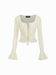 Textured Square Neck Ruffle Lace Up Beaded Long Sleeve Blouse