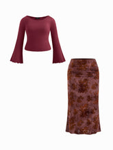 Boat Neck Long Sleeve Top & Mid Rise Floral Ruched Maxi Skirt Set Curve & Plus
