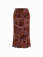 Boat Neck Long Sleeve Top & Mid Rise Floral Ruched Maxi Skirt Set Curve & Plus
