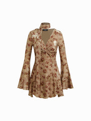 Mesh V-neck Floral Twist Mini Dress With Scarf