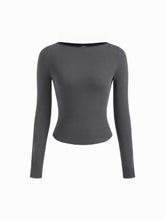 Cotton-blend Boat Neck Solid Long Sleeve Tee