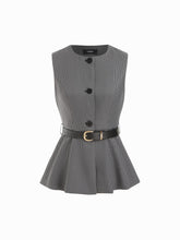 Round Neckline Houndstooth Blazer Vest With Belt