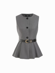 Round Neckline Houndstooth Blazer Vest With Belt