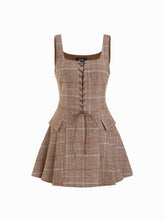 Plaid Square Neck Lace Up Pleated A-line Mini Cami Dress