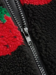 Fleece High Neck Strawberry Pocket Drawstring Oversized Jacket