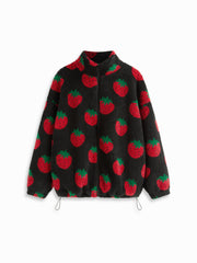 Fleece High Neck Strawberry Pocket Drawstring Oversized Jacket