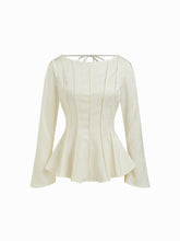 Floral Boat Neck Long Sleeve Backless Knotted Cinched Waist Blouse
