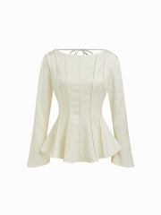 Floral Boat Neck Long Sleeve Backless Knotted Cinched Waist Blouse