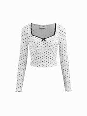 Sweetheart Polka Dot Bowknot Crop Top & Mid Rise Lettuce Trim Trousers Loungewear Set