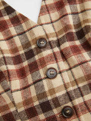 Wool-blend Plaid Halter V-neck Backless Button Belted Vest