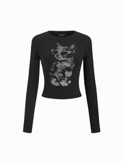 Cat Graphic Round Neckline Long Sleeve Tee