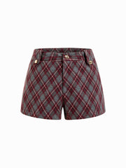 Plaid Metal Button Mid Rise Shorts