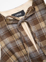 Cotton Plaid Cut Out Tie Front Pleated Crop Tank Top