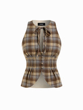 Cotton Plaid Cut Out Tie Front Pleated Crop Tank Top