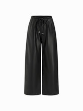 Faux Leather Mid Rise Drawstring Wide Leg Trousers