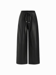 Faux Leather Mid Rise Drawstring Wide Leg Trousers