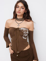 Halter Neckline Aztec Graphic Beaded Knotted Lettuce Trim Top