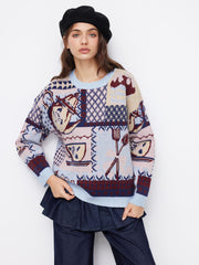 Knit Floral Spoon & Cup Pattern Colorblock Oversize Top