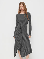 Round Neckline Striped Ruffle Split Long Sleeve Maxi Dress