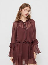 Chiffon High Neck Ruffle Knotted Mini Dress With Solid Cami Mini Dress