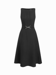 Boat Neck Ruffle A-line Midi Dress With Belt