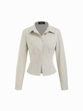 Cotton-blend Striped Collar Long Sleeve Cinched Waist Shirt
