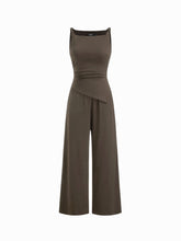 Boat Neck Ruched Asymmetrical Hem Wide Leg Jumpsuit