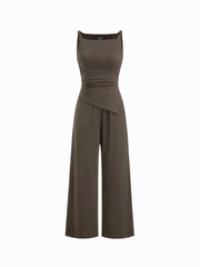 Boat Neck Ruched Asymmetrical Hem Wide Leg Jumpsuit
