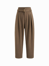 Tweed High Rise Pleated Tapered Trousers With Belt