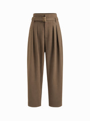 Tweed High Rise Pleated Tapered Trousers With Belt