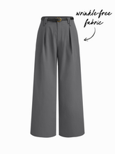 Wrinkle-free Fabric Mid Rise Pleated Straight Leg Trousers With Belt