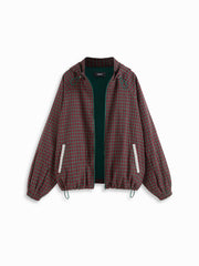 Cotton Plaid Hooded Drawstring Contrasting Lace Oversized Jacket