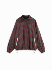 Cotton Plaid Hooded Drawstring Contrasting Lace Oversized Jacket