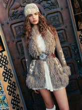 Velvet Collar Faux Fur Trim Graphic Coat