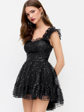 Sequins Square Neck Ruffle Lettuce Trim Tulle Mini Dress