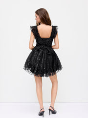 Sequins Square Neck Ruffle Lettuce Trim Tulle Mini Dress