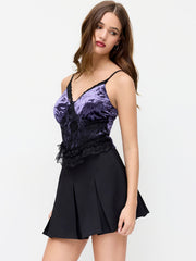Velvet V-neck Contrasting Lace Cami Top