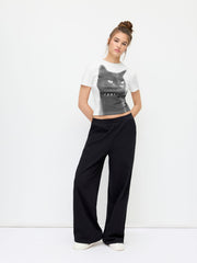 Cotton-blend Cat Graphic Round Neckline Short Sleeve Tee