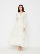 Satin V-neck Lace Trim Bowknot Layered Ruffle Bell Sleeve Maxi Dress