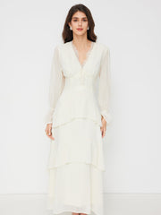 Satin V-neck Lace Trim Bowknot Layered Ruffle Bell Sleeve Maxi Dress