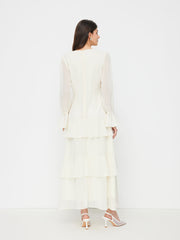 Satin V-neck Lace Trim Bowknot Layered Ruffle Bell Sleeve Maxi Dress