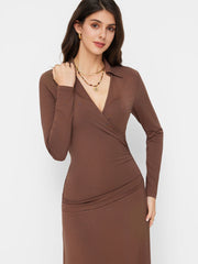 Collar V-neck Long Sleeve Wrap Ruched A-line Maxi Dress