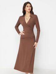 Collar V-neck Long Sleeve Wrap Ruched A-line Maxi Dress